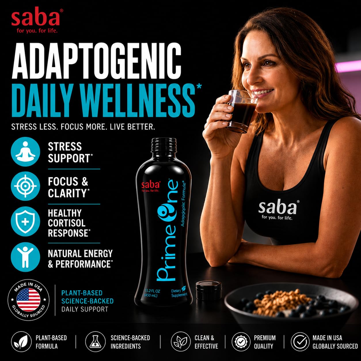Saba Prime One Liquid Adaptogen – Stress Support Supplement with Ashwagandha, Rhodiola, Reishi Mushroom, Ginseng & Eleuthero for Calm, Focus, Energy & Healthy Cortisol Response, 32 Fl Oz, 63 Servings — Amazon image 7