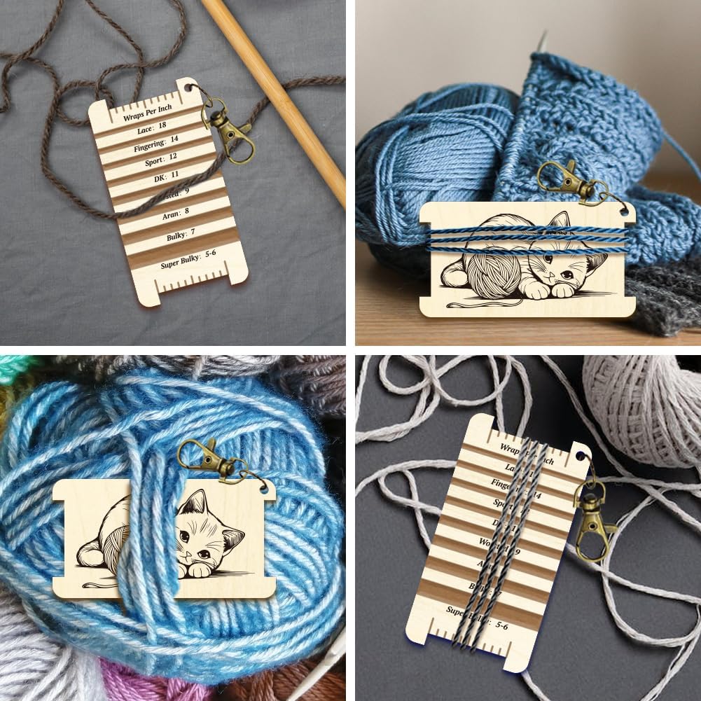 arricraft 1 Pc Knitting Needle Gauge Multifunctional Wood Spinning Control Card, Cute Cat with Wool Patterns WPI Guide Gauge Rulers for Spinners Yarn Measuring Tools Crochet Accessories
