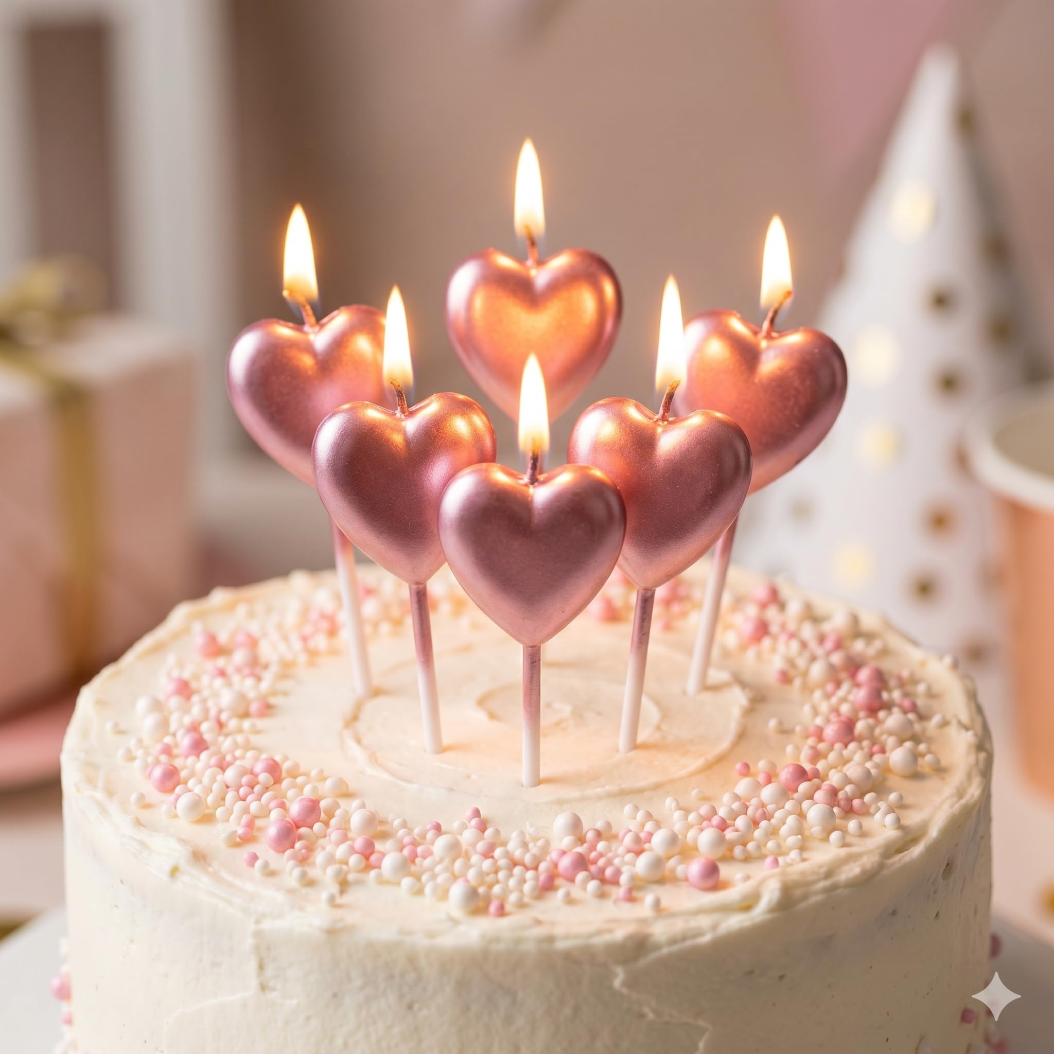 Metallic Rose Gold Heart Candles for Cake - 4 Pack, 5.5 Inch 3D Rose Pink Heart Shaped Cake Topper Candles on Sticks for Girls Birthday, Sweet 16, Valentine's Day, & Party Decorations-image-14