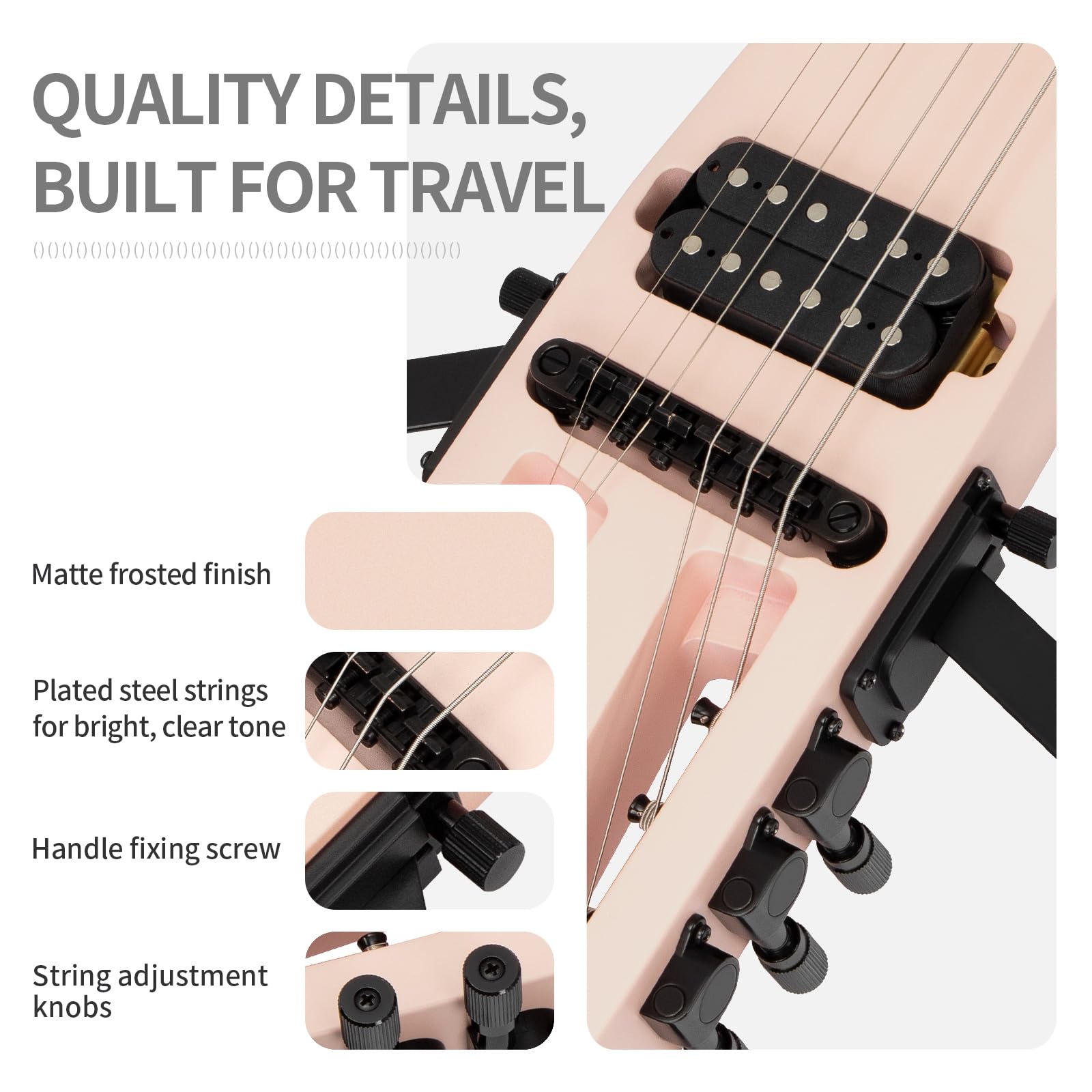 Reise E Gitarre – Volle Größe, ultraleicht (wiegt nur 1,8 kg), 100% Ahorn, digitales Stimmgerät, Gitarrentasche, Ständer, geeignet für Linkshänder und Rechtshänder, Muschelrosa