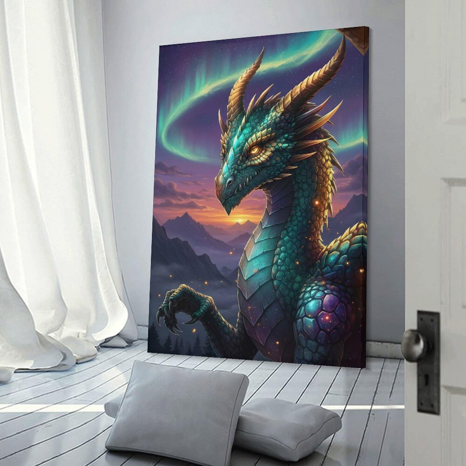 Junmoney Majestic Dragon with Aurora Borealis Wall Decor Canvas Print, 24x36inch(60x90cm), for Wall Displays, Bedrooms Or Room Updates, Wall Decor Suited to Curated Displays