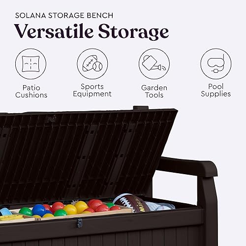 Vista 9 de Keter Solana 70 Gallon Storage Bench Deck Box for Patio Furniture, Front Porch Decor and Outdoor Seating – Perfect to Store Garden Tools