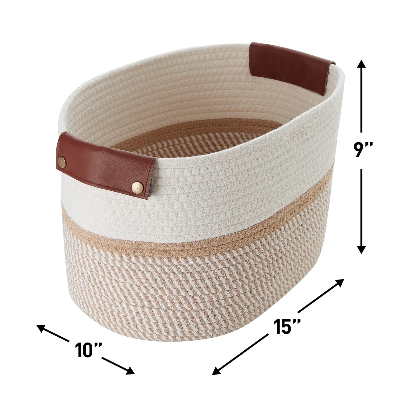 Paquete de 3 cestas de almacenamiento de cuerda de algodón tejidas con asas de piel sintética, cesta decorativa tejida para organizadores de almacenamiento, 15 x 10 x 9 pulgadas,