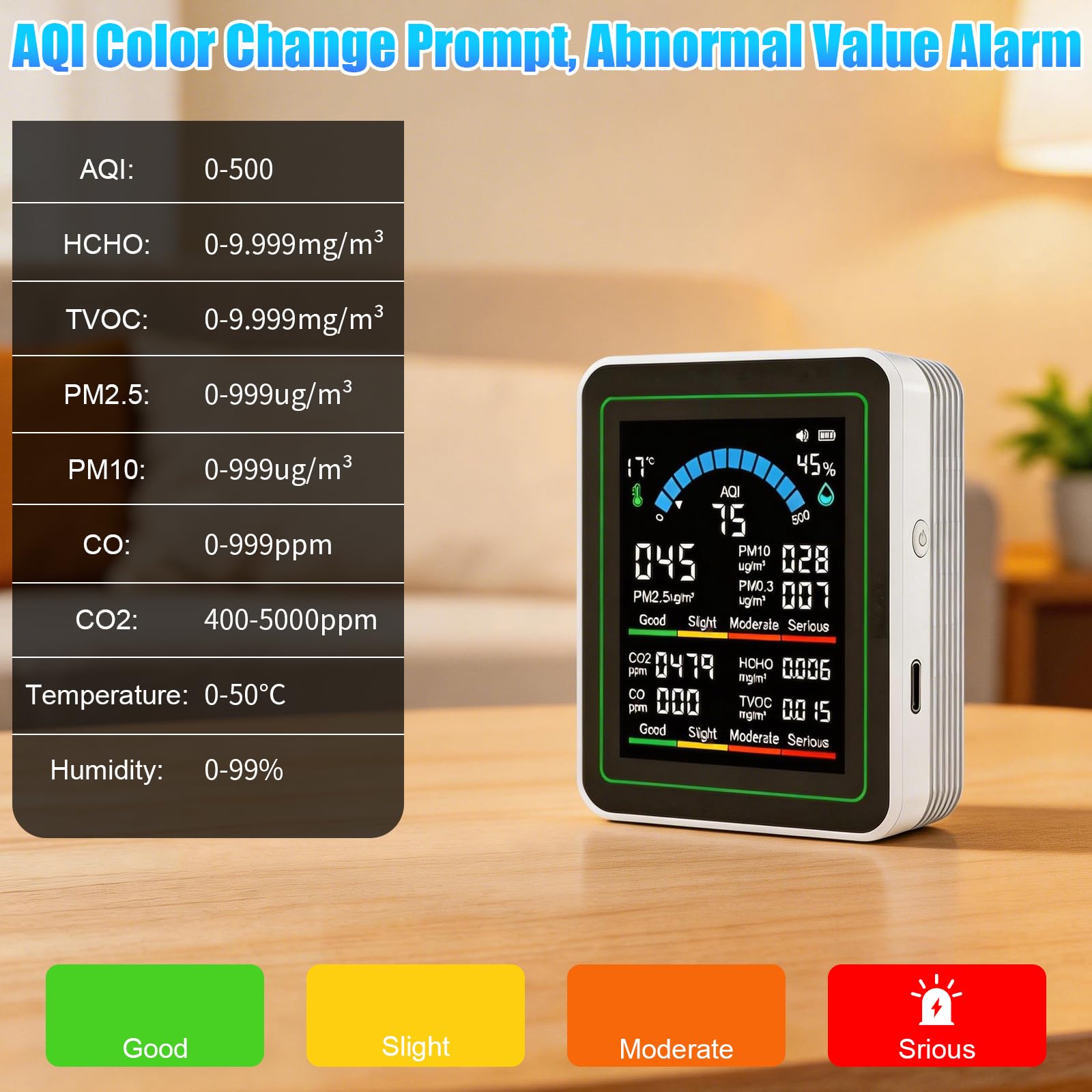 OBEST Moniteur de qualité de l'air, détecteur portable avec application pour mesurer PM2.5 / PM10 / PM0.3 / CO2 / CO/HCHO/TVOC/AQI/température et humidité, usine, bureau et intérieur