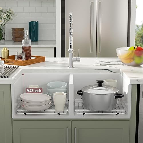 Miniatura 5 de Dcolora Fregadero de cocina de granja blanco de 33 pulgadas Delantal de fregadero de cocina de granja de cerámica blanca de arcilla refractaria de