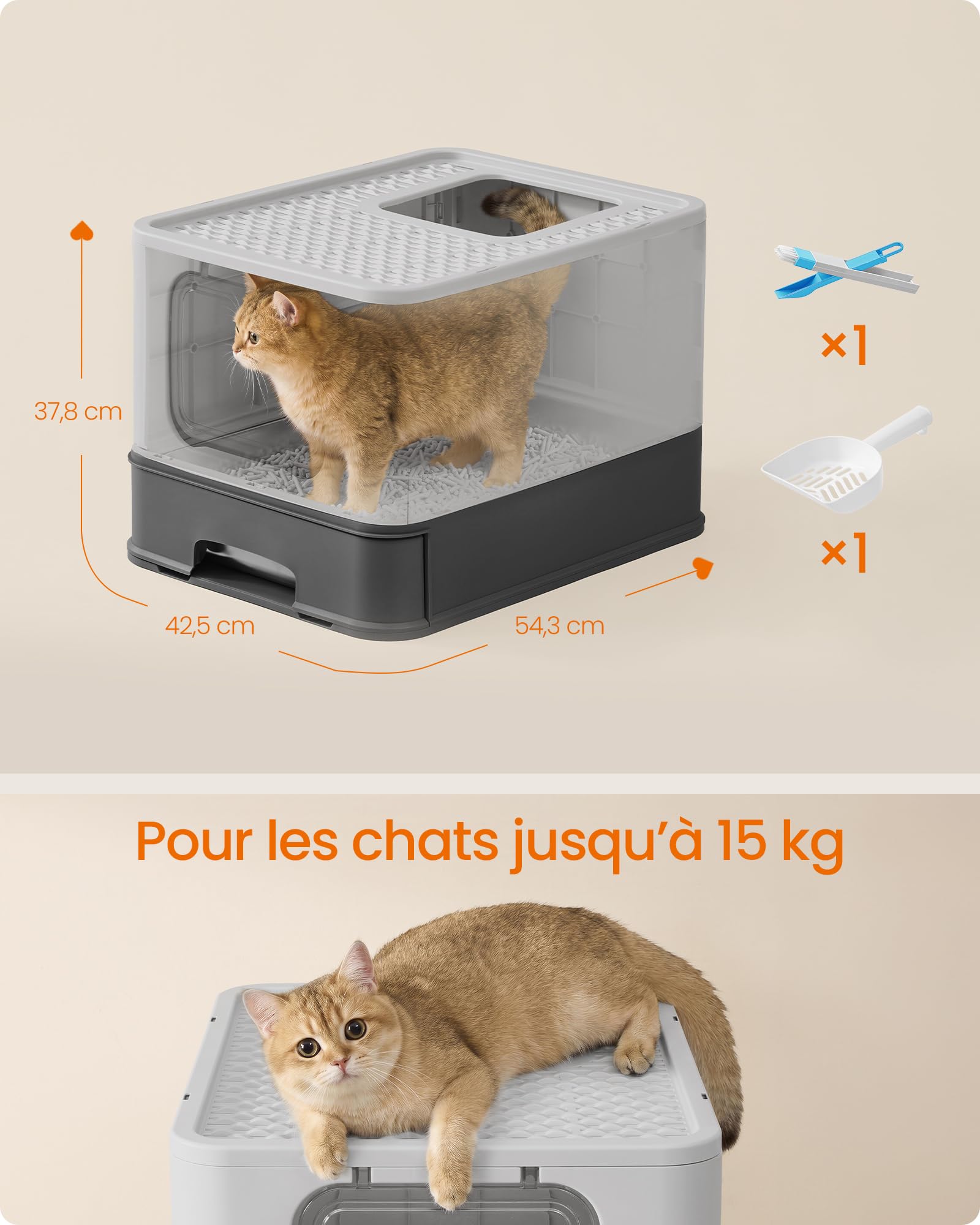 Feandrea Bac à Litière pour Chat en Acier Inoxydable, Caisse Litière avec Plateau Coulissant, Pelle, Brosse, 2 Entrées, pour Chats Jusqu’à 15 kg, Gris Anthracite et Gris Tourterelle PPT004B101