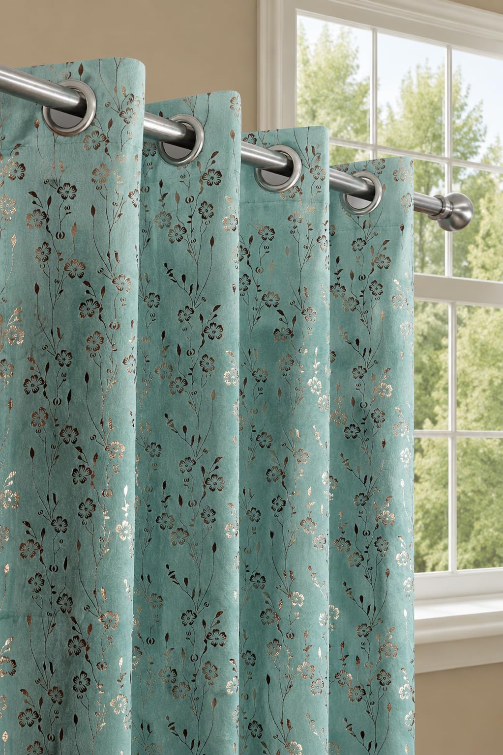 Aqua Velvet Flower Curtains - 7 Feet Long -1