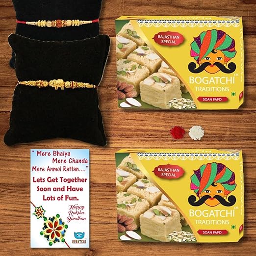 BOGATCHI Rakhi Sweets for Brother, Traditional Soan Papdi, 400gm with Rakhi + Roli Chawal + Free Rakhi Card