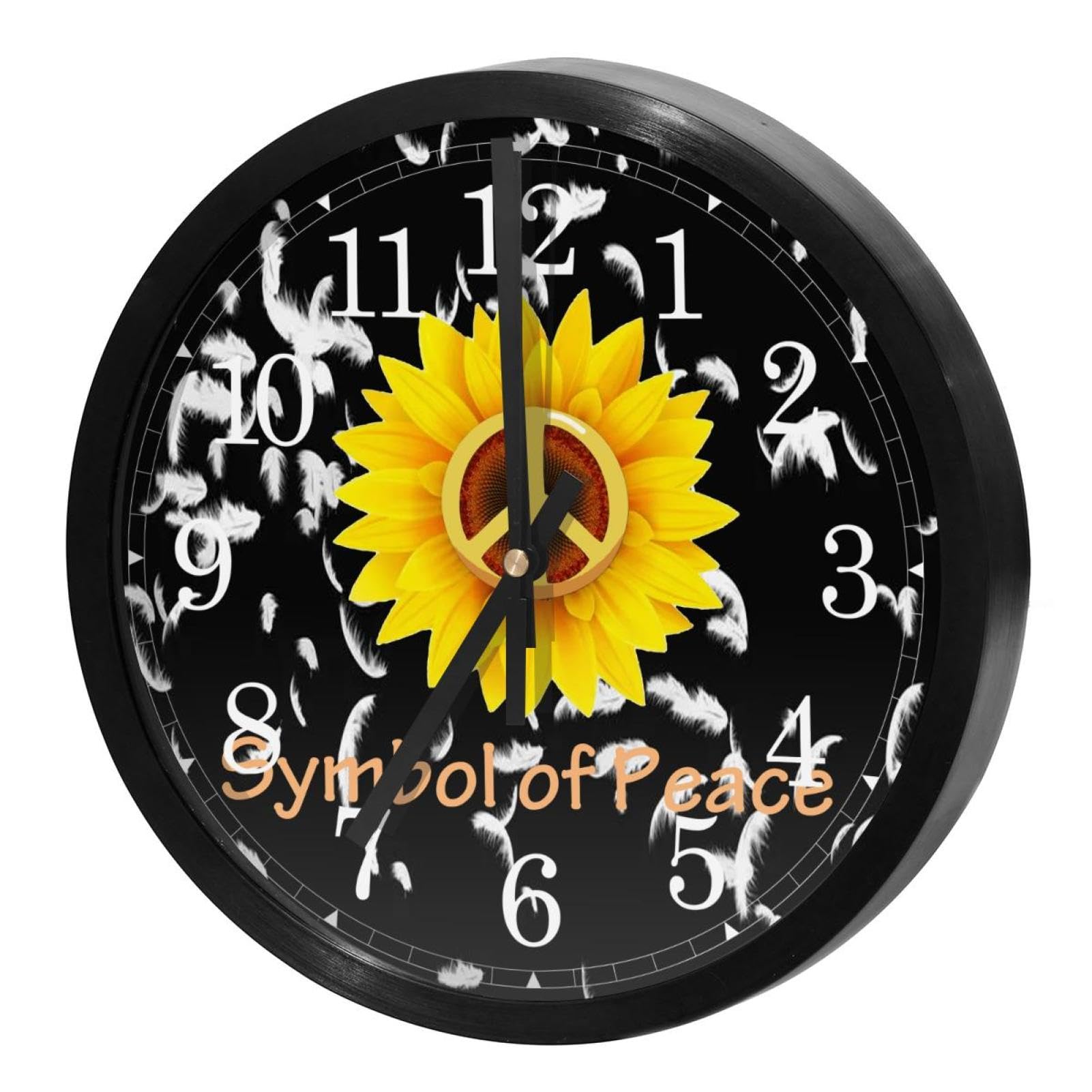 Horloge murale silencieuse à quartz avec motif de tournesol et plumes pour maison