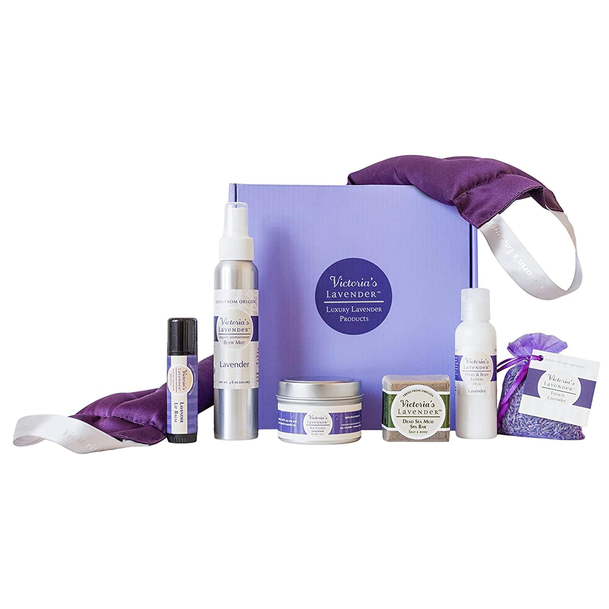 Victoria's LavenderLuxury Gift Basket for Women - Neck Wrap, Body Mist, Hand & Body Lotion, Lip Balm, Soy Candle, Mud Spa Bar & Lavender Sachet, Skin Care Sets, Made in USA Beauty Products For Women