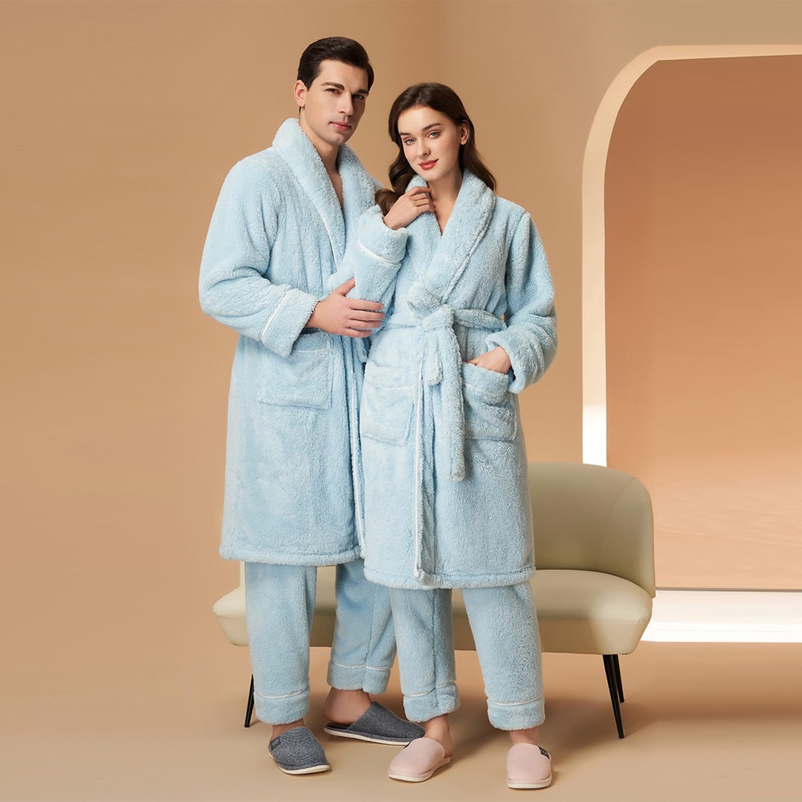 Conjunto de pijama de forro polar para mujer, bata de baño y pantalones sin cierre, conjunto de 2 piezas con bolsillos, cinturón, sherpa, suave, cómodo, ropa de dormir para el hogar
