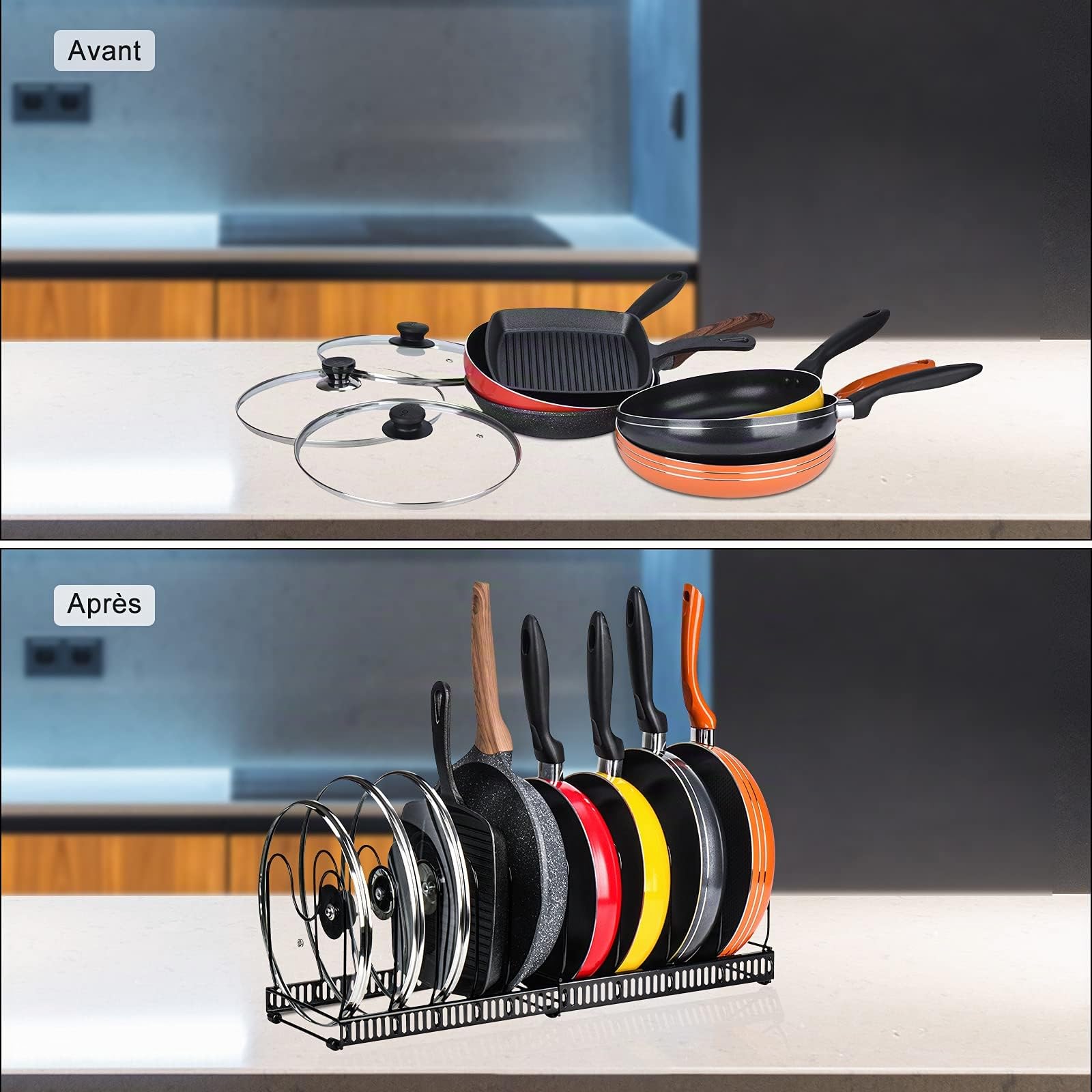 Toplife Porta Padelle Allungabile in Acciaio con 10 Scomparti Regolabili, Porta Coperchi Pentole Salva Spazio, Organizer Cucina, Nero