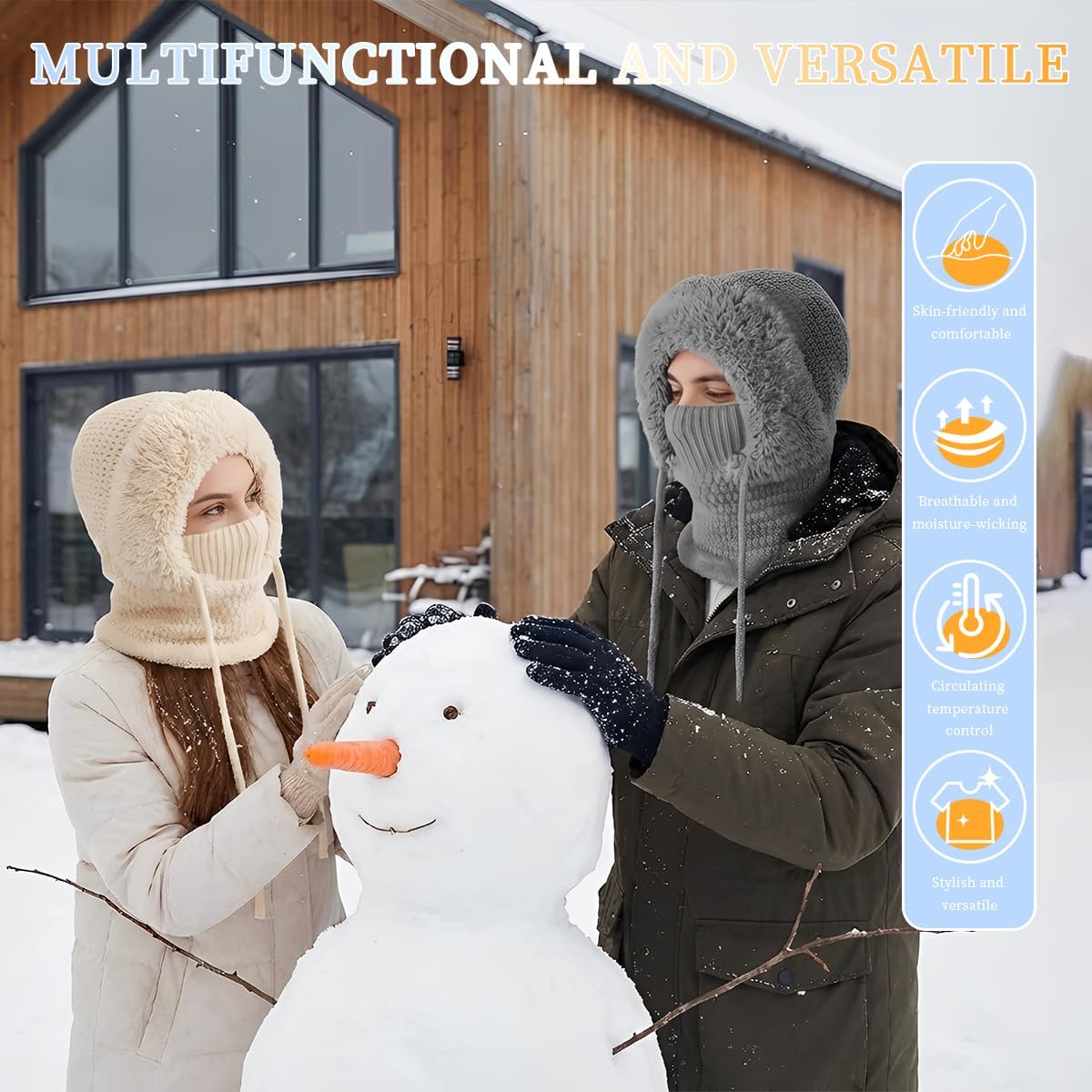 3 in 1 Beanie Hat for Women, Womens Balaclava Winter, Cold Knitted Hats Wind Resistant Hooded Scarf, Thick Plush-Lined - Image 6