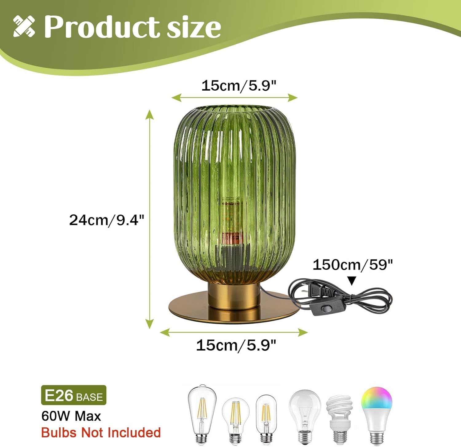 Mid Century Modern Green Table Lamp 9.4" Decorative End Table Lamp with Ribbed Glass Shade for Living Room Bedroom Nightstand Small Bedside Lamp Gold Corner Accent Lamp