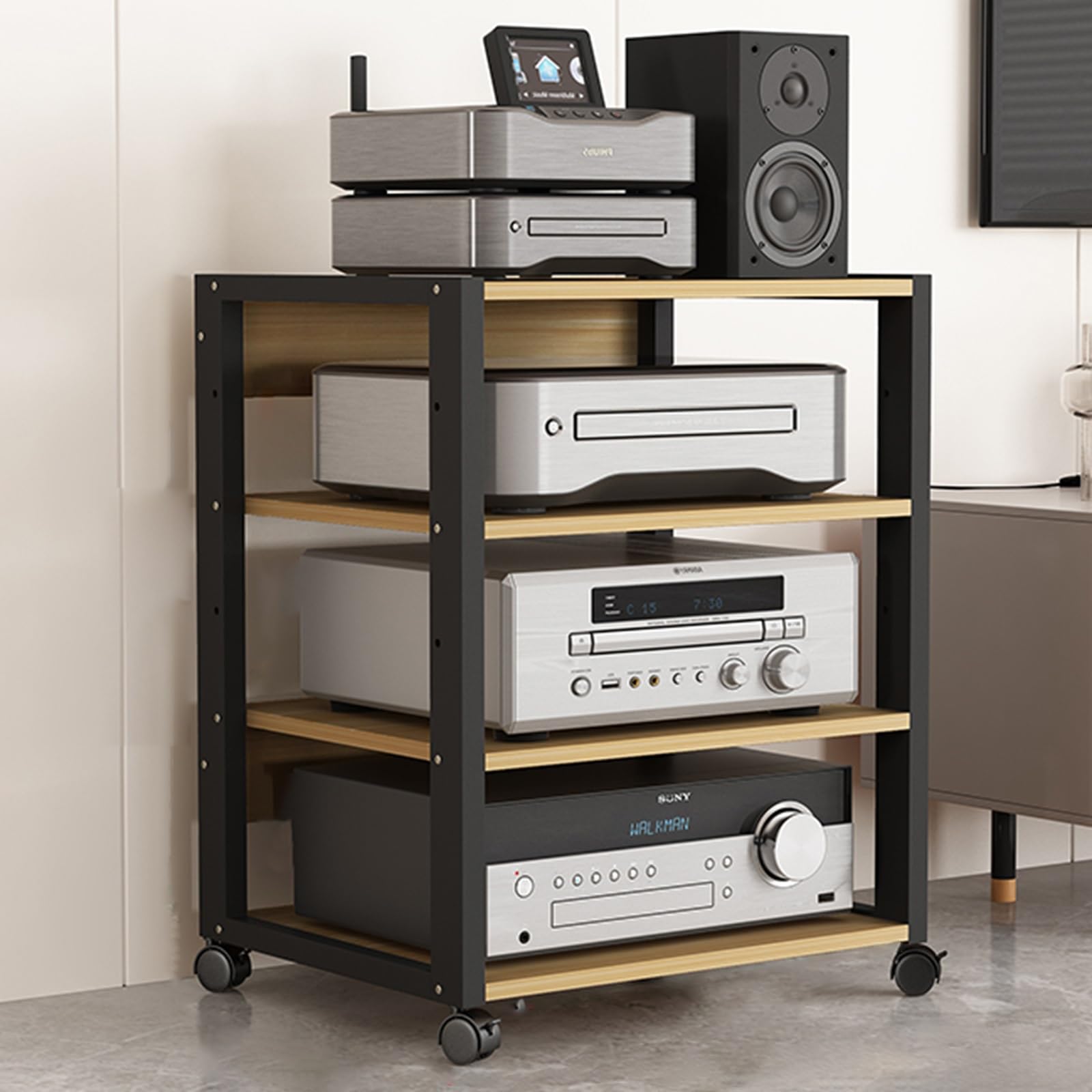 RENLXFI 27in High Modern Record Player Stand, 4/3 Tier Mobile Audio AV Media Shelf Vertical Storage Cabinet for Office Home Classroom, Stereo