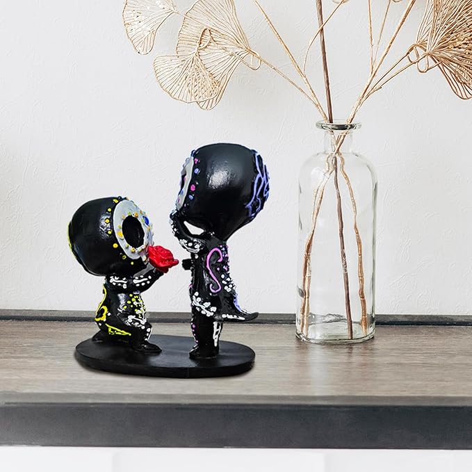 Sugar Skull Statue couple, Resin Hand-Crafted Sugar Skull Decor, Skeleton Head Statue for Home Decor