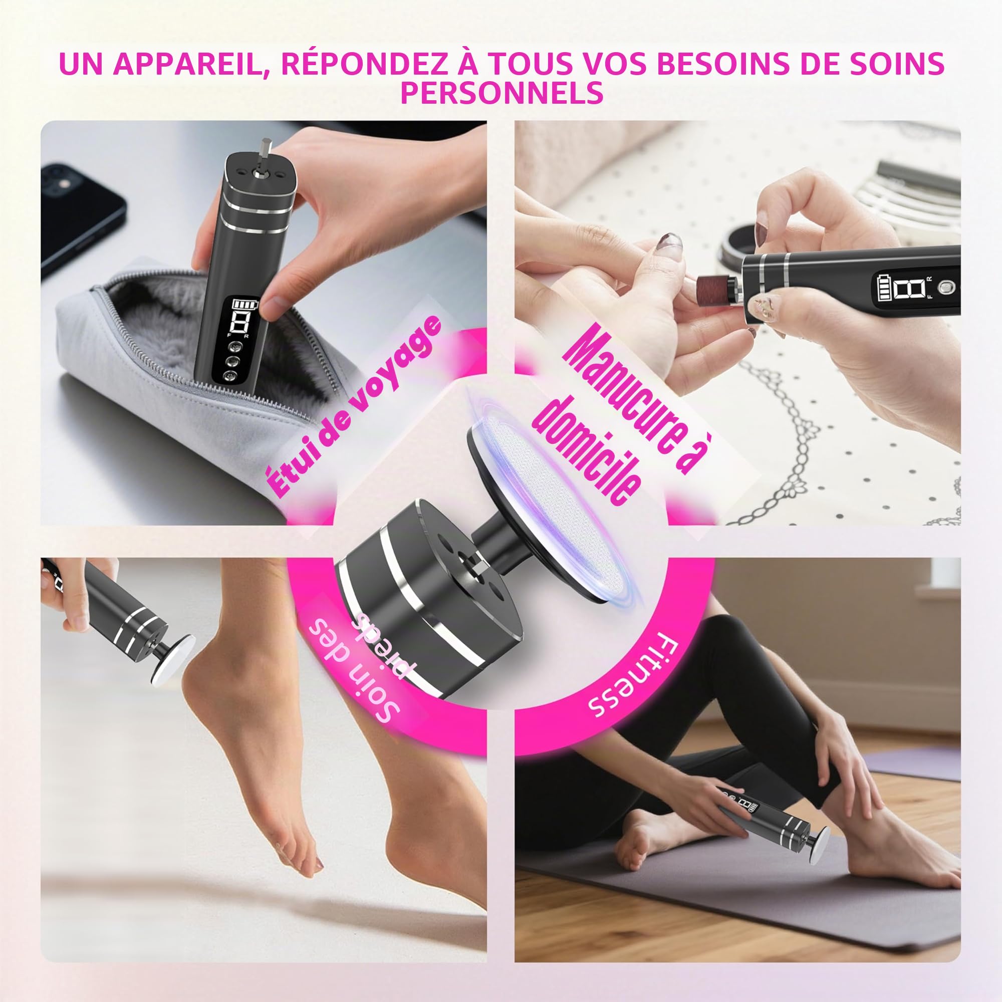 Râpe à Pieds Pédicure Rechargeable, 2-en-1 Électrique pour Pieds et Ongles 9 Vitesses Réglables Kit Rappe Pieds Pédicure Verre Nano & 30 Tampons de Remplacement pour Femmes Hommes Pédicures