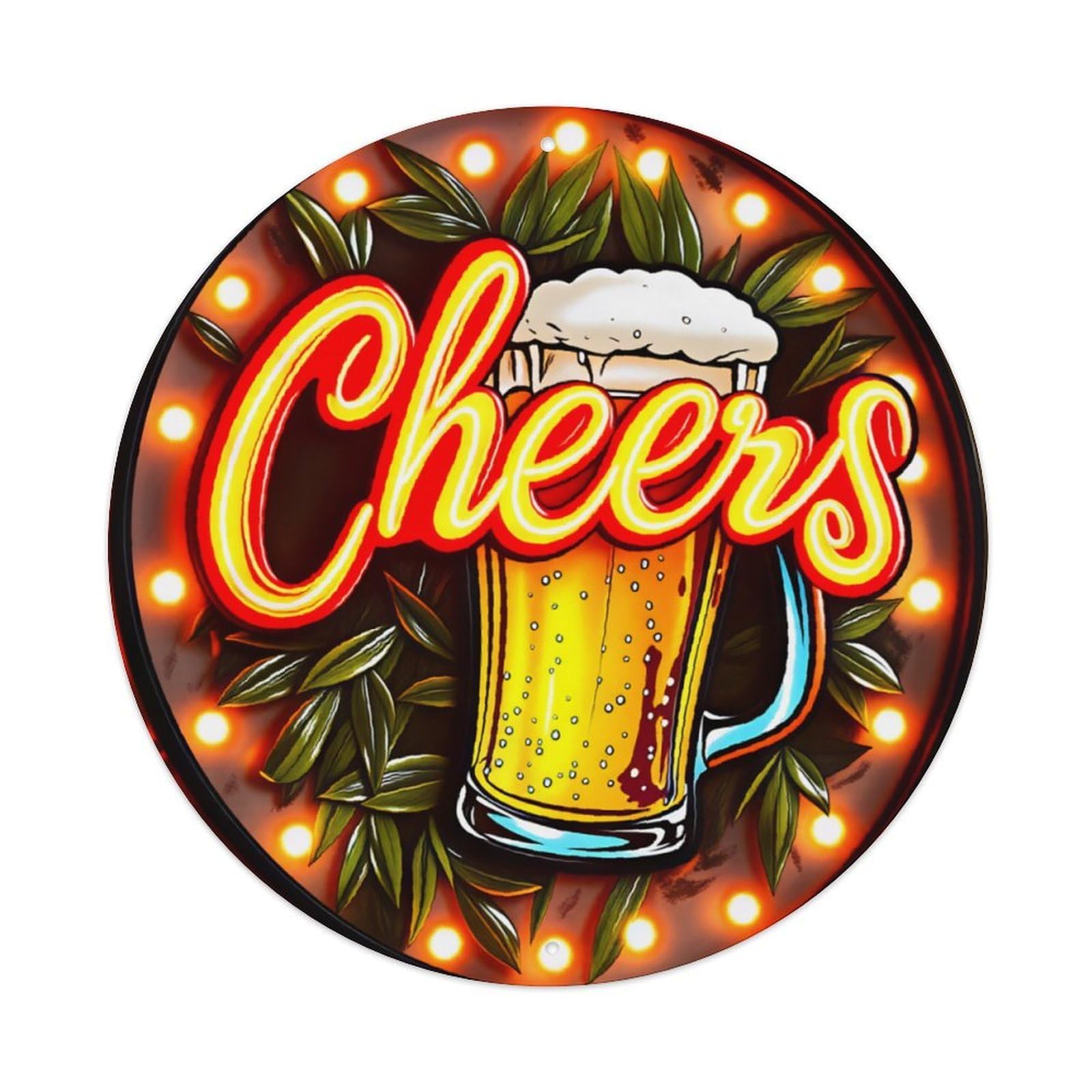 Retro Neon Style Cheers Beer Round Metal Sign Vintage Aluminium Metal Sign, Retro Wall Decor for Home, Bar, Garage & Farmhouse 20x20cm