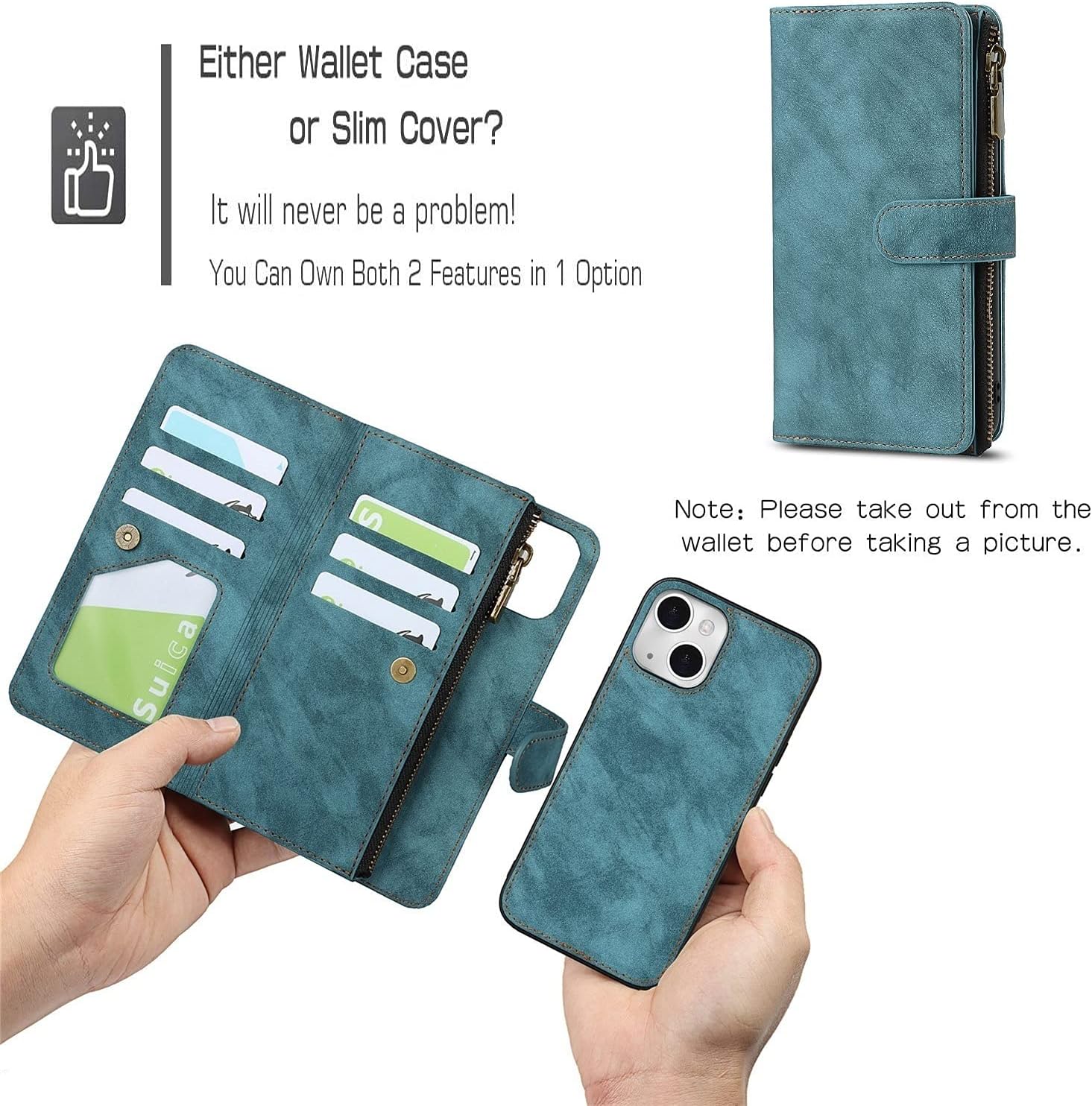 iCoverCase Compatible with iPhone 13 Wallet Phone Case with Card Holder, PU Leather Zipper Pocket Magnetic Detachable Flip Case with Wrist Strap (Blue) - Image 3