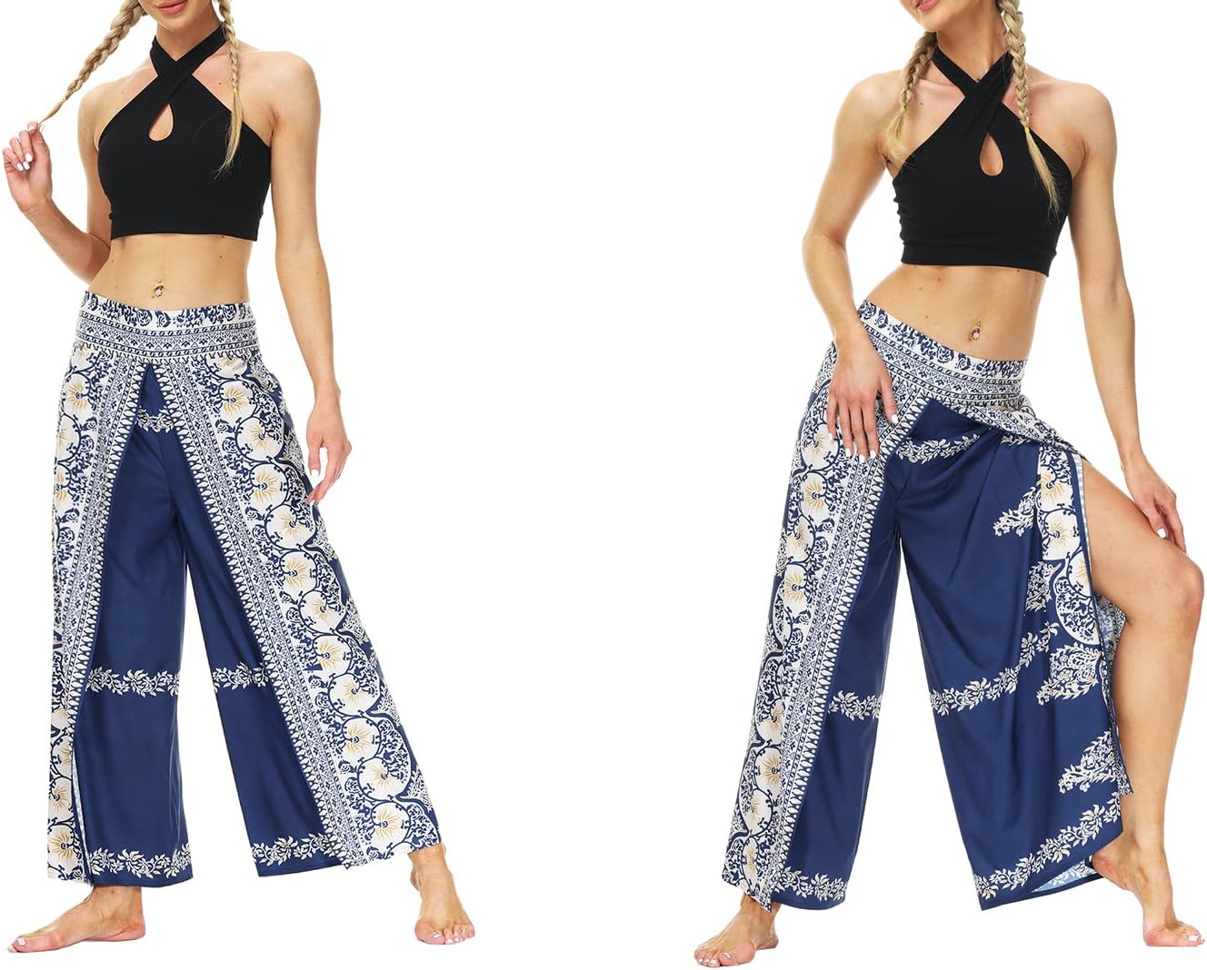 Ainuno Boho Pants Wide Leg Palazzo Pants with Slits for Women Flowy Hippie Pant Thin - Image 4
