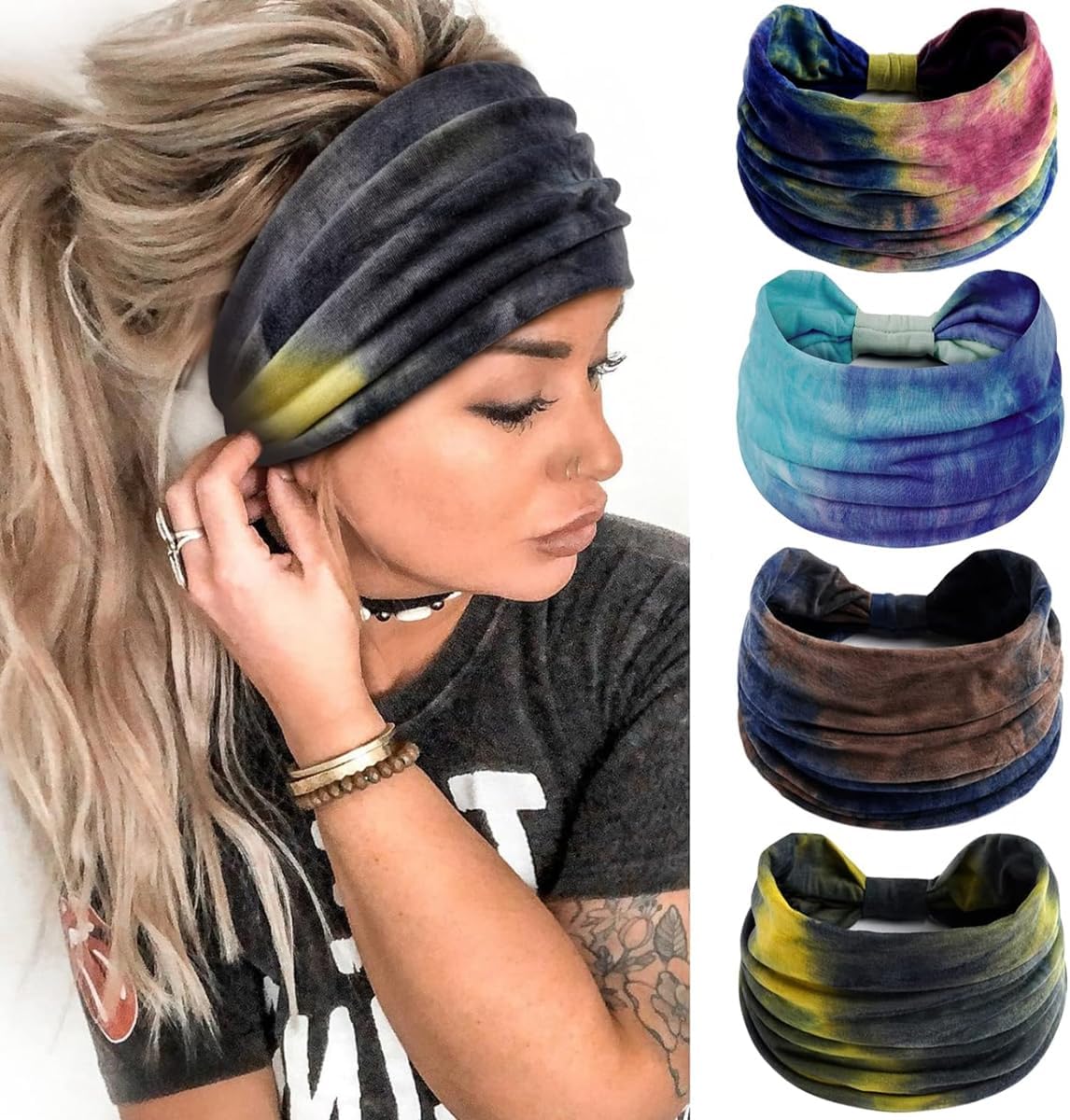 MAYCREATE® 4 Pack Wide Headband for Women, Stretchy Knotted Head Bands for Women, Polyester Tie-dye Print Hairband for Women Ladies, Stylish Hair Bands Yoga Sweatband Sports Head Wraps