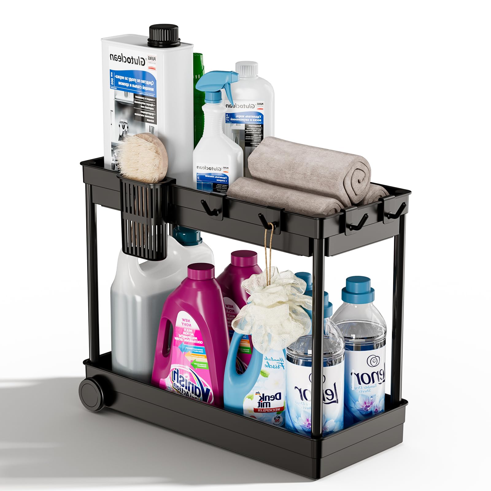 Under Sink Storage Kitchen Organiser, 2 Tier Slide Out Under Storage Box, Multi-Purpose Sink Cabinet Basket Organiser with 4 Hooks 1 Hanging Cup for Bathroom Kitchen(Black)