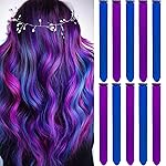 LADYAMZ Colored Purple Hair Extensions 10 PCS, Rainbow Christmas Party Highlights Clip in Synthetic Hair Extension, Colorful Hairpiece for Girl Women Kids Gift Blue Hair Piece(Purple+Blue, 22 In)