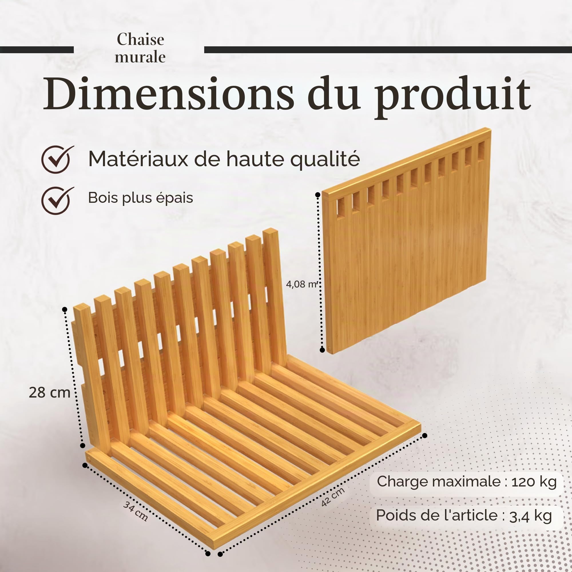 Siège de Douche Mural Rabattable en Bambou – Chaise Pliante Murale 120 kg – Banc de Douche Bois Résistant à l'eau – Douche, Entrée, Piscine – Gain de Place 34x42 cm – Design Belge