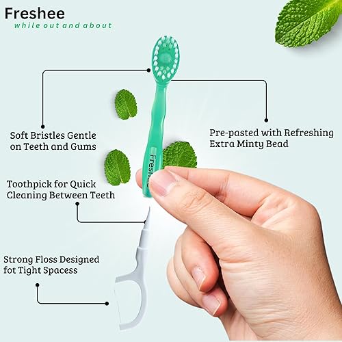 Freshee Bead - Mini cepillo de dientes desechable 5 en 1 con perla de pasta de dientes + hilo dental + palillo + raspador de lengua | Tamaño de