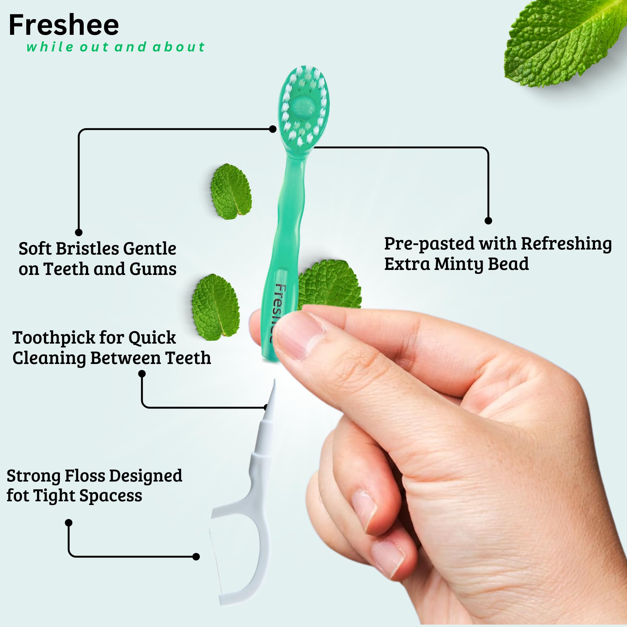 Freshee 5 w 1 jednorazowa mini szczoteczka zębata z pastą zębatą + nicią dentystyczną + piknik + skrobak do języka, rozmiar podróżny, indywidualnie owijany, miękki, miętowy, zestaw podróżny
