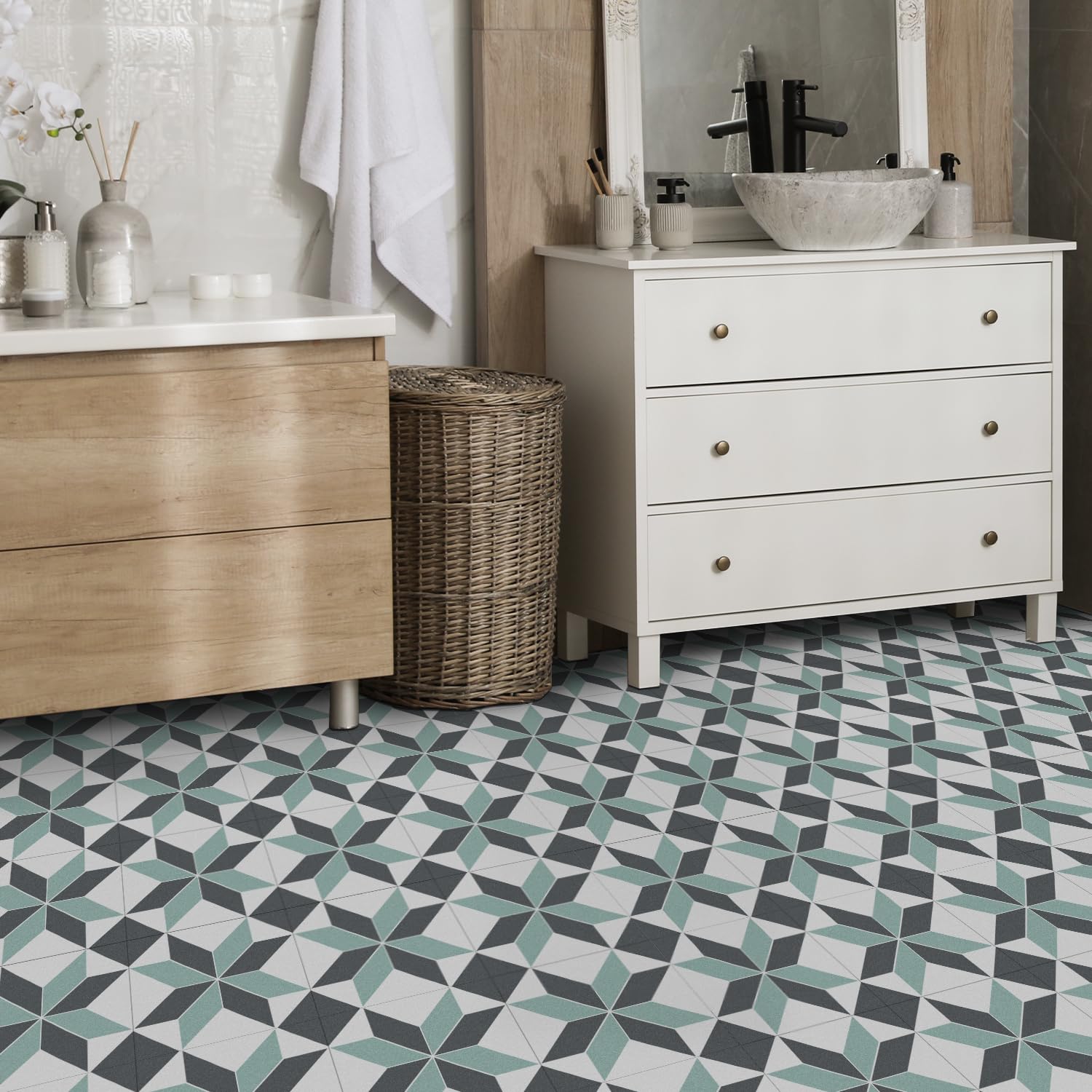 Alwayspon 12 x láminas adhesivas impermeables de vinilo, 30 x 30 cm, negro, blanco y verde, para cocina, salón y baño, PTF88