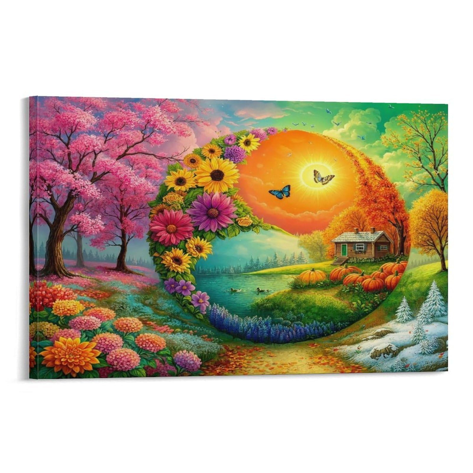 CPLVKWRQJ Seasons Harmony Art Individual Round Four Season Garden Artwork with Butterflies Wall Art Decor - Kitchen Removable Canvas Wall Art Multi-Purpose Focal Point 20x30inch(50x75cm)