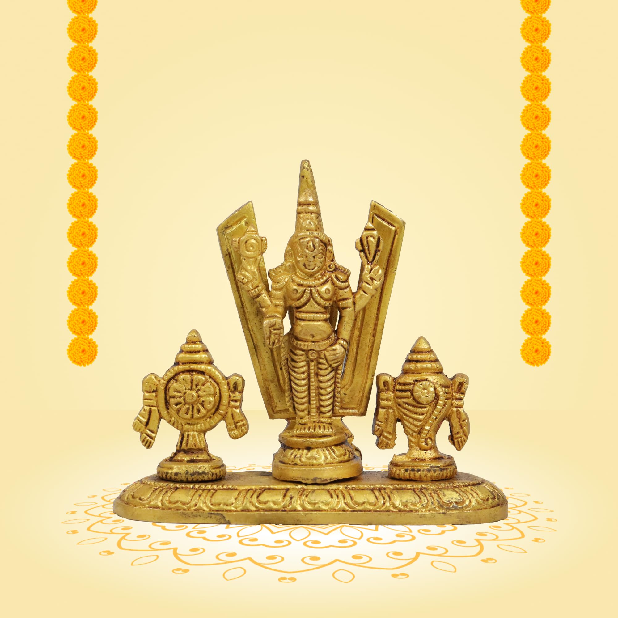 Putrika Brass God Idol|Tirupati Balaji Pital Statue|Perumal|Venkateswara|Srinivasa|Govinda|Tiruvengadam for Pooja Room|Home&Office Decor|[W:300gm H:3.5inch](Shangu Chakra Namah Perumal)