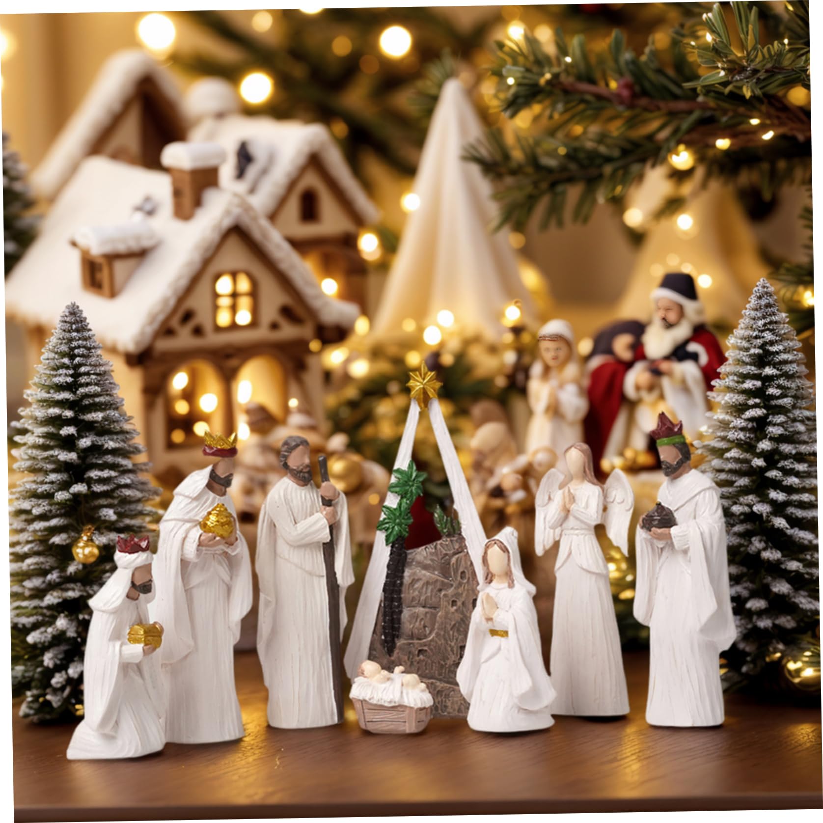 Ensemble de crèche de Noël (8 pièces) Moderne en résine Blanche - Figurines scène la Nativité - Ornements Table Religieux - Objets Collection Noël pour décorations Vacances