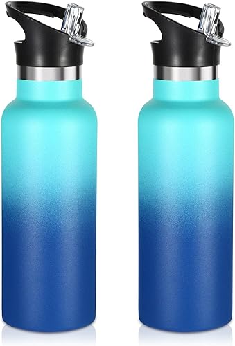 Miniatura 1 de Volhoply Botella de agua aislada de 17 onzas a granel, paquete de 2 botellas de agua de acero inoxidable para niños con tapa con pajilla, botella de