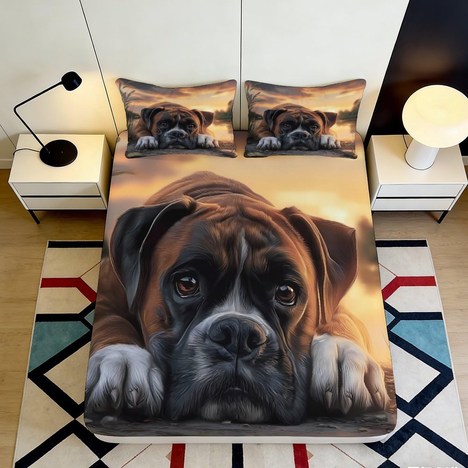 3D Printed Boxer Dog Fitted Sheet Microfiber Soft Breathable Puppy Bed Sheet Mattress Cover for Bedroom Dormitory Guest Room Decorative Mattress Protection 160x200x25cm
