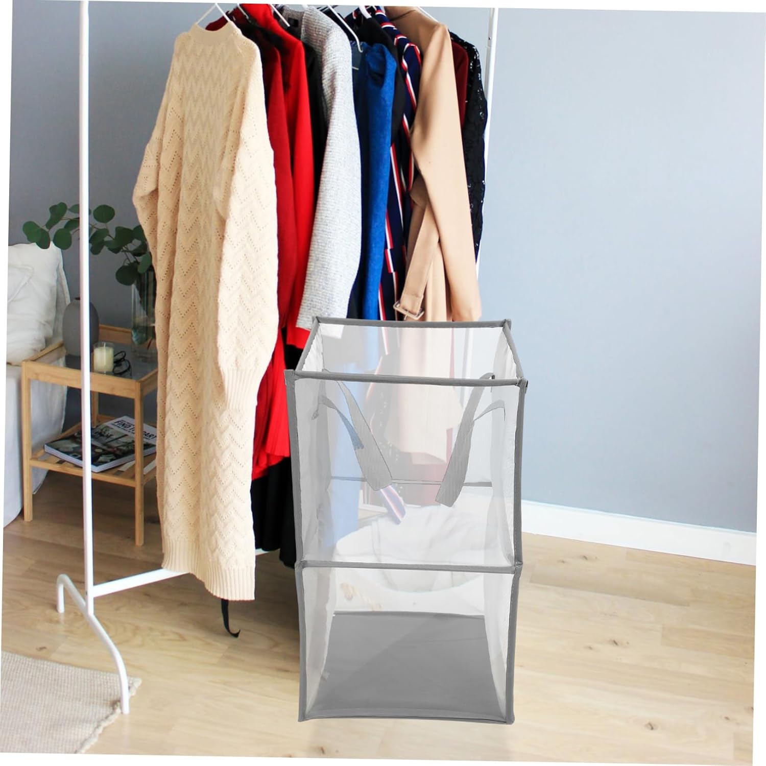 Foldable Laundry Basket with Handles Double Mesh Clothes Hamper for Bedroom and Bathroom Space Saving Storage Bin for Blankets and Clothes Portable Home Organizer in Gray