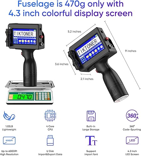 Miniatura 2 de TIKTONER 127T1 Handheld Inkjet Printer 43 Inch LED Touch Screen Quick-Drying Inkjet Coding Machine for Barcode Batch Number Code Date Label Logo