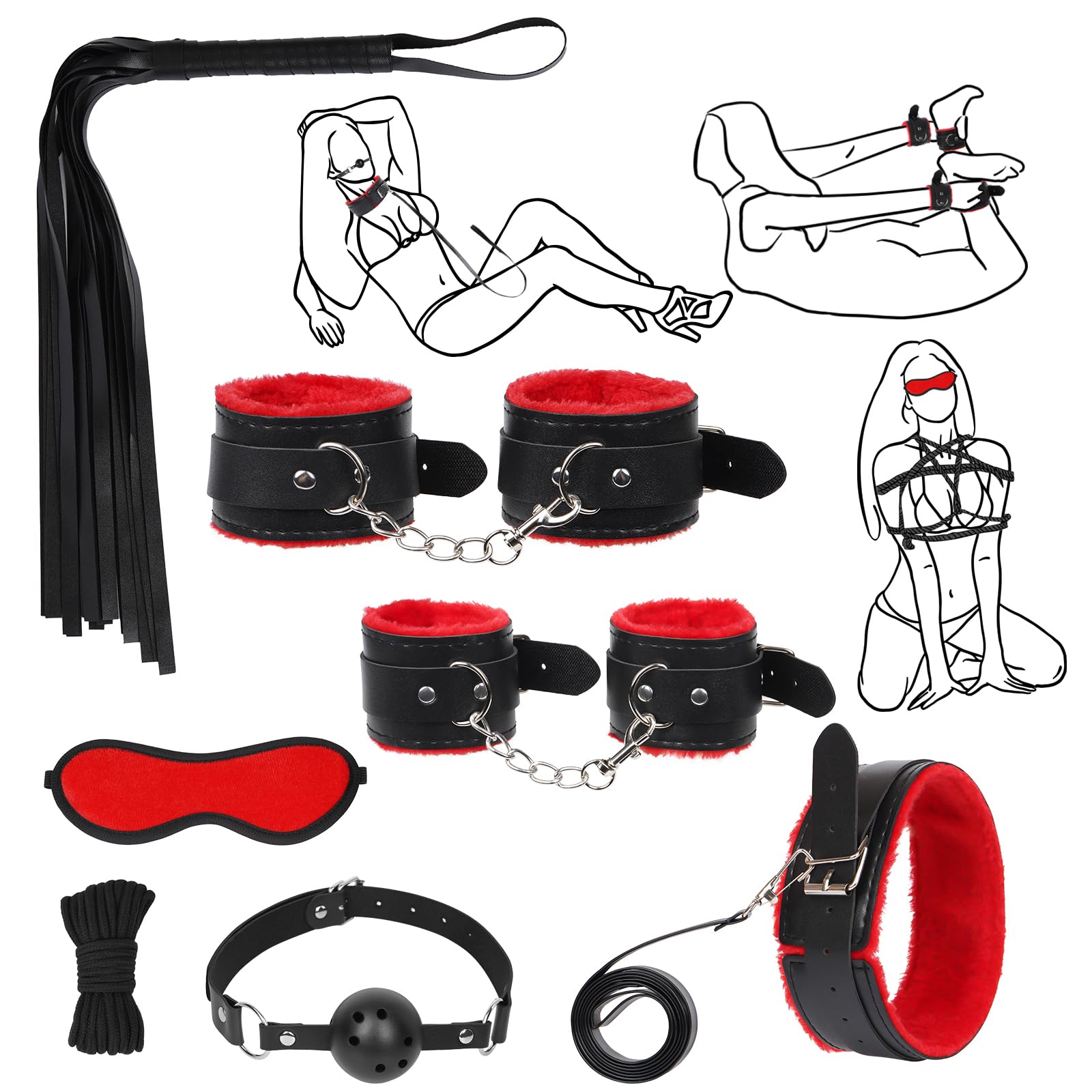 BDSM Bondage Kit Sex Toys 8 Pcs Sex Bondage Set for Beginners Ball Gag Bondage Rope BDSM Kit for Couples (RED, 8PCS)