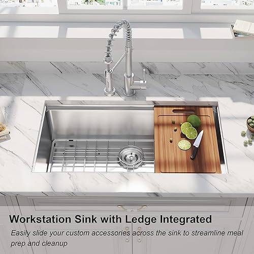 Miniatura 3 de Fregadero de cocina con estación de trabajo de 32 pulgadas, fregadero de cocina empotrado de acero inoxidable, hecho a mano, moderno, de un solo