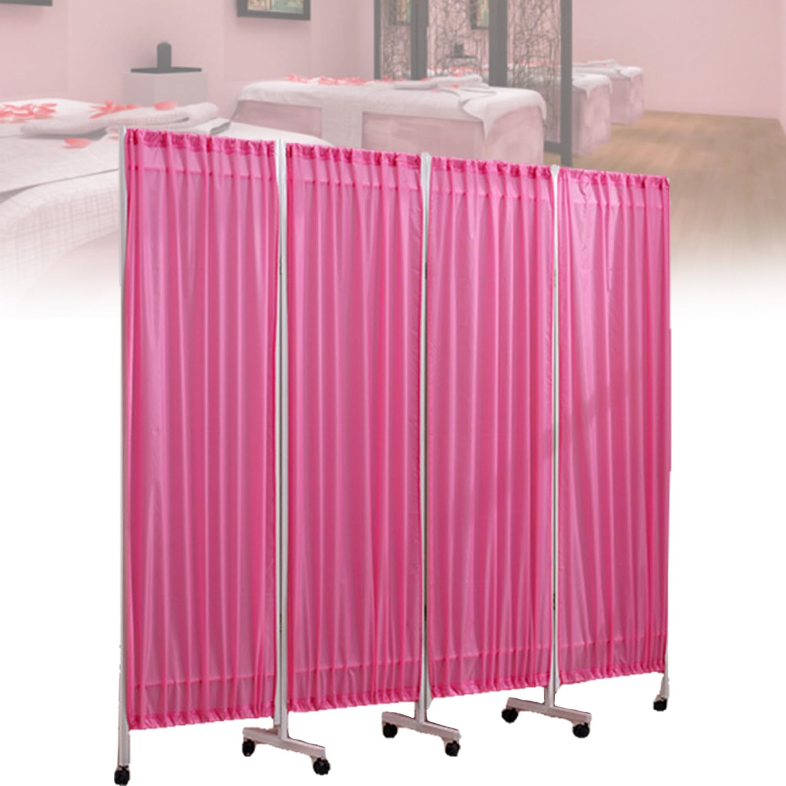 OLSKFUH 4-Panel Mobile Privacy Screen Room Divider, 6Ft High Foldable Partition For Health Facilities, Beauty Salons, And Temporary Areas,Pink