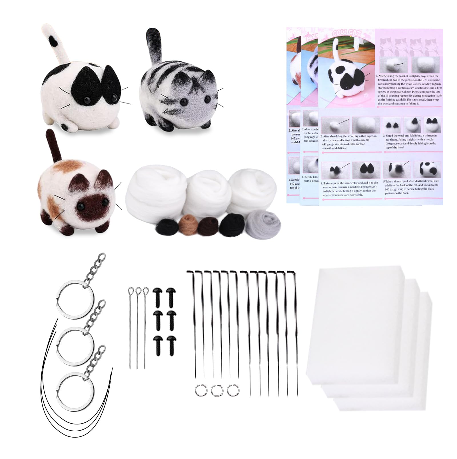 Yitexin 3 Pcs Cat Needle Felting Kit, Animal Wool Felting Kit for Starter Adult, Felt Kit Felting Supplies with Foam Pad Needles Instructions Keychain for Beginners DIY Craft Project Gift