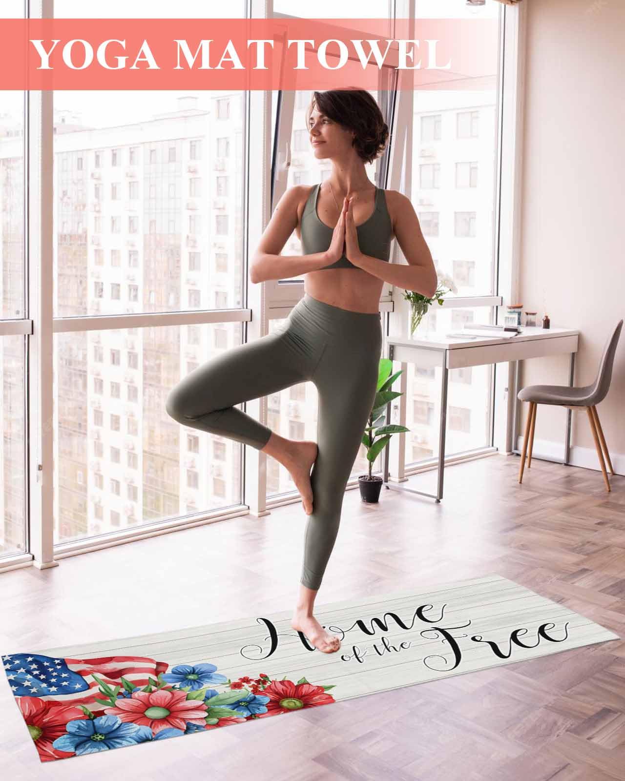 BOSIJOY Yoga Mat Towel,Watercolor Blue Red Flower on White Wood Non Slip Sweat Absorbent Hot Yoga Towels with Corner Pockets,Independence Day Flag Soft Microfiber Towel for Pilates Bikram 70