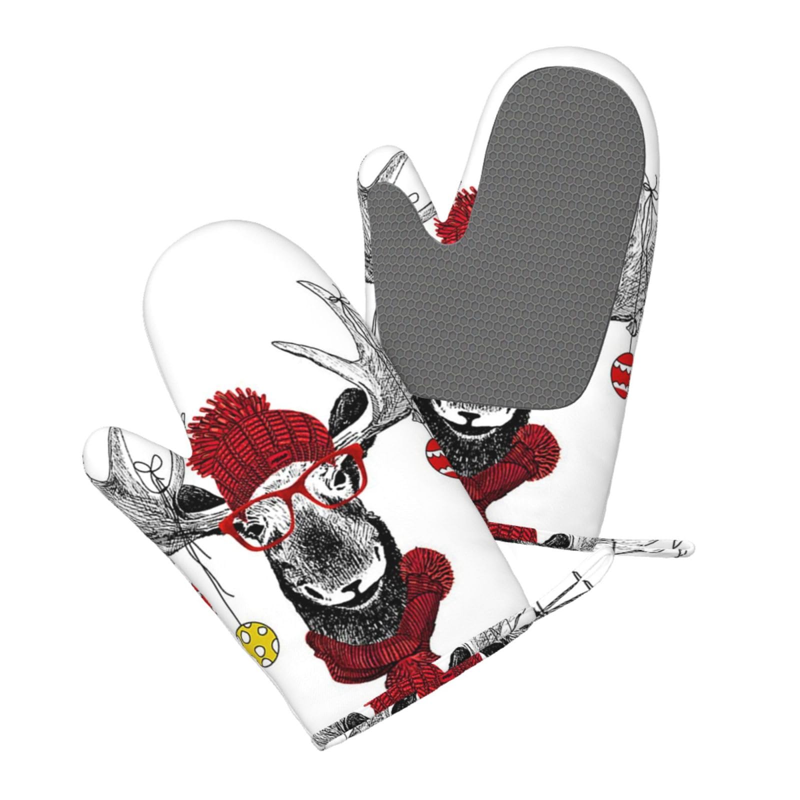 Aqrjlpo Women's Funny Christmas Deer Silicone Oven Mitts Set 2Pcs, Printed Heat Resistant Non-Slip Silicone Oven Gloves For Kitchen Cooking Baking Microwave