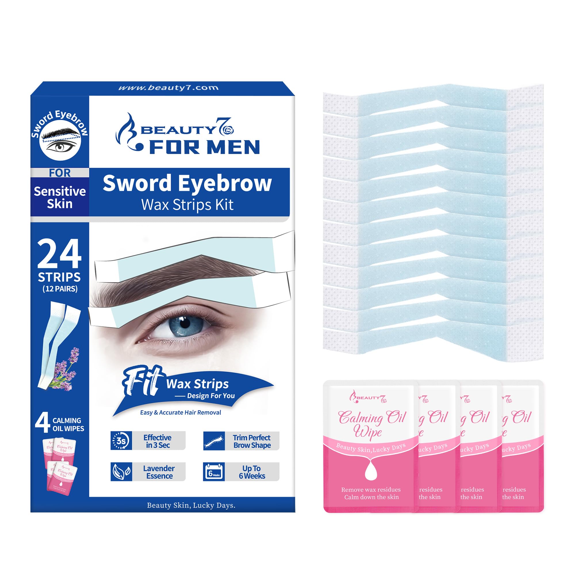Beauty7 Bandas de Cera Fría Depilatoria Facial de Sword Cejas Hombres para Pieles Sensibles, 24 Tiras de Cera con 4 Toallitas Calmantes