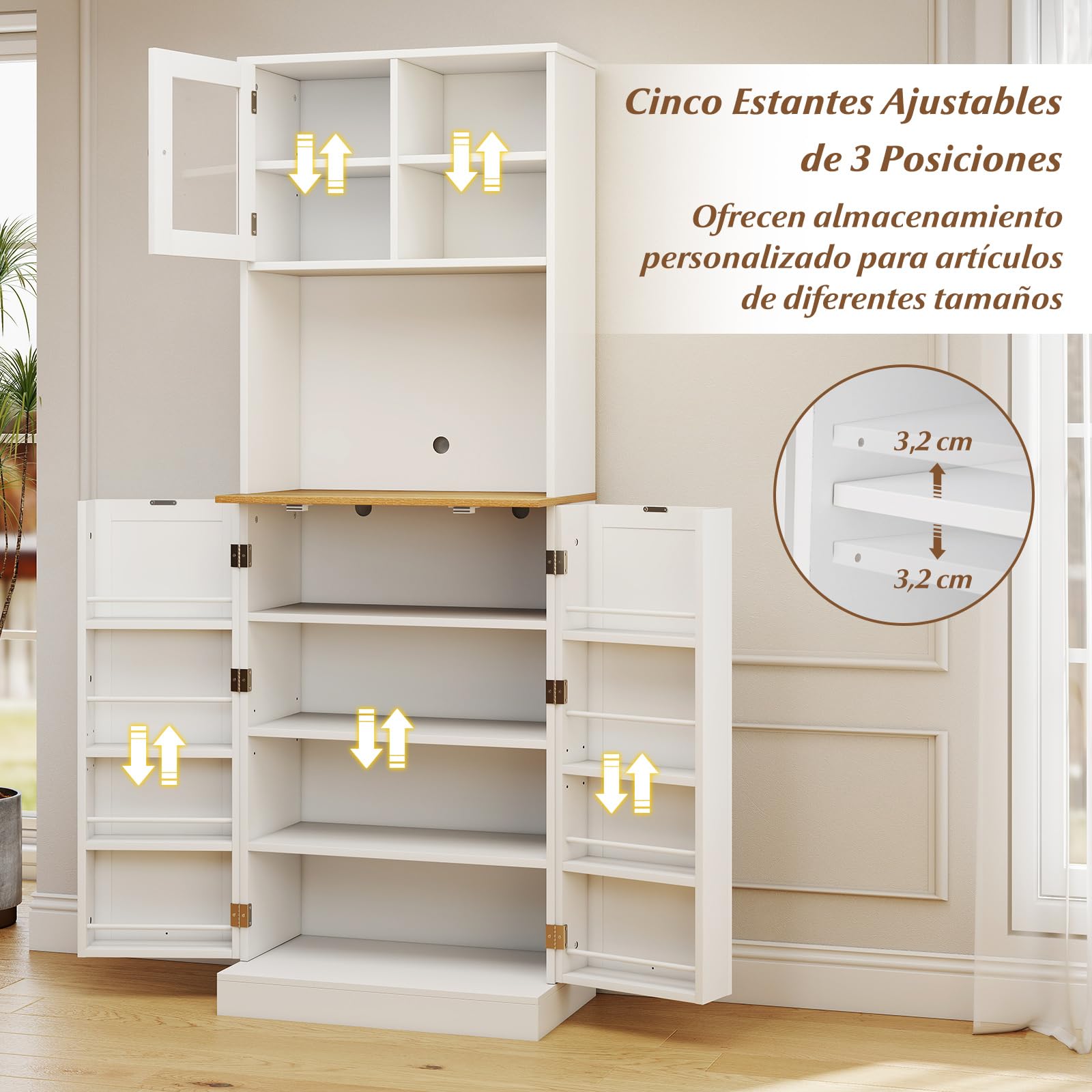 COSTWAY Armario Despensa de Cocina, Armario Buffet con Estante para Microondas, 8 Estantes con Puertas y 5 Estantes Ajustables, Gabinete de Despensa de Cocina para Sala de Estar, 60 x 35 x 170 cm