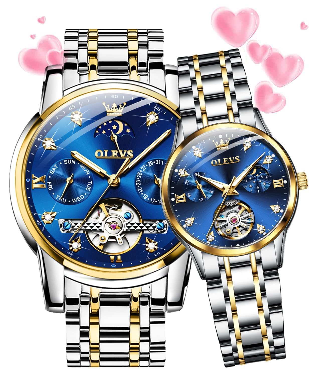 OLEVS Valentines Couple Pair Automatic Watches His and Her Couple Set Diamond Wrist Watch Men and Women Lovers Wedding Romantic Gifts Set of 2