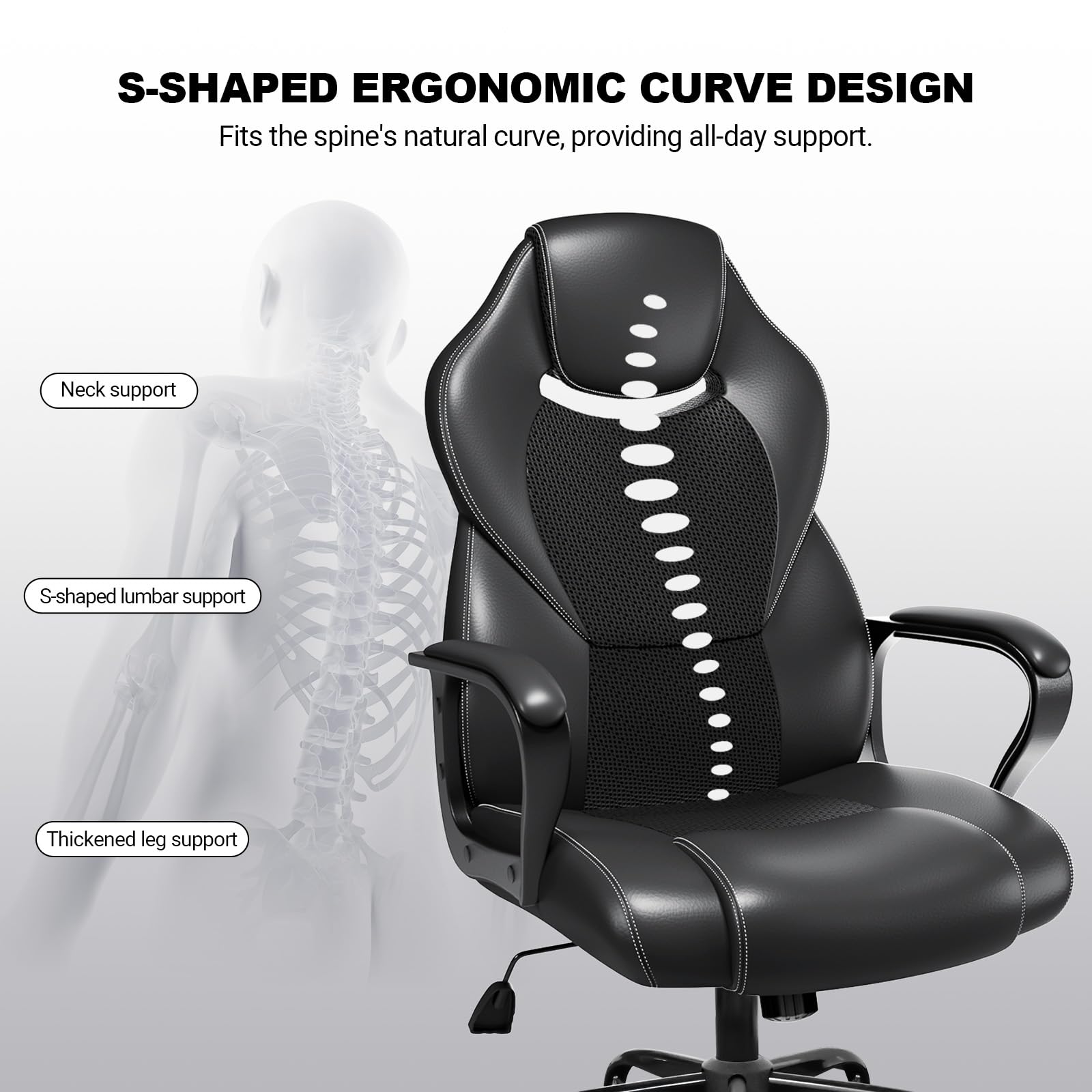 BASETBL Sedia Ufficio Ergonomica Poltrona Ufficio Direzionale in Pelle Altezza Regolabile Sedia Gaming Sedia Scrivania a Rotelle Girevole Reclinabile Schienale Alto Supporto Lombare Nera