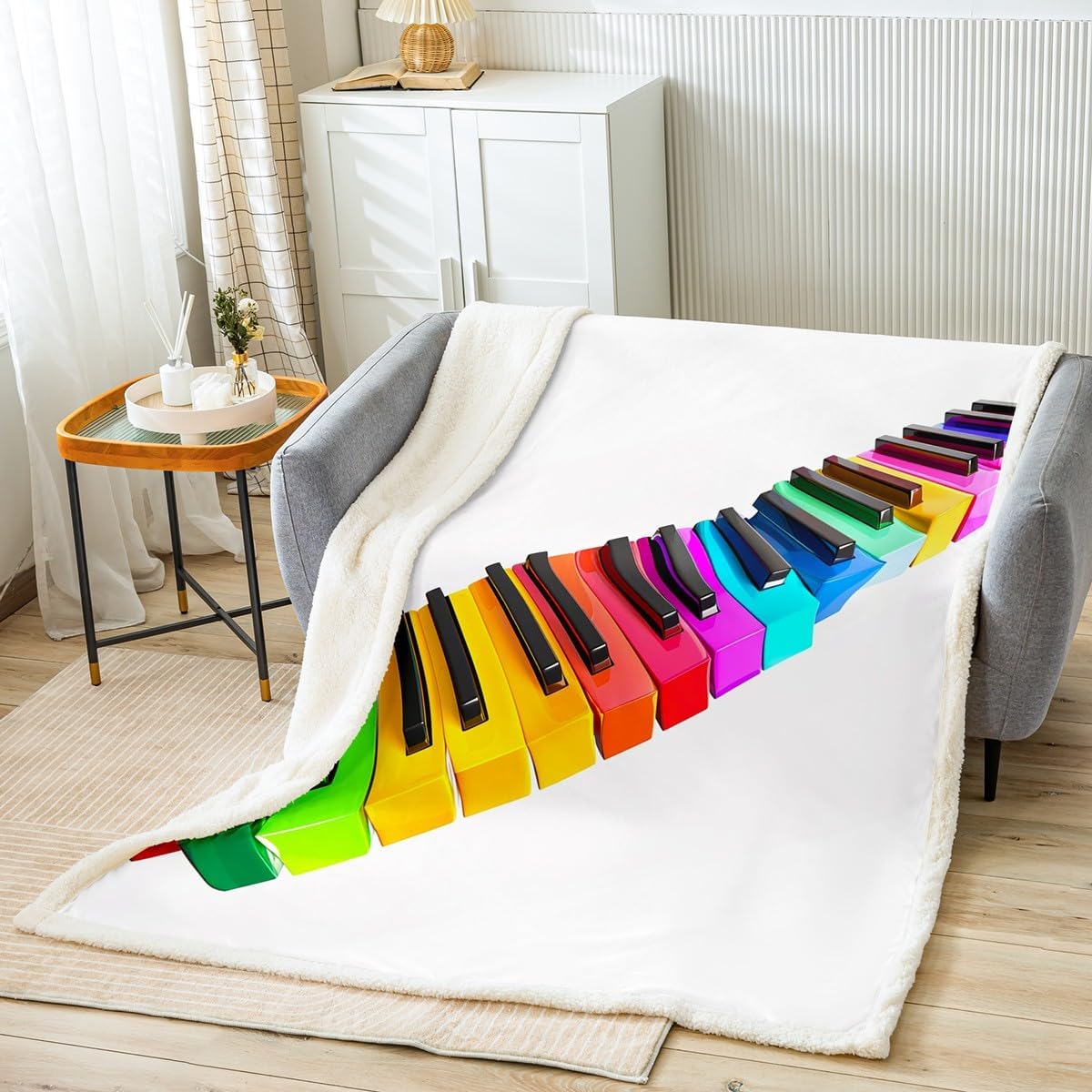 Piano Sherpa Blanket Colorful Piano Keyboard Fleece Throw Blanket for Kids Boys Girls Music Theme Plush Blanket Musical Instruments Fuzzy Blanket for Sofa Bed Couch, Rainbow Wave Throw 50x60 Inch