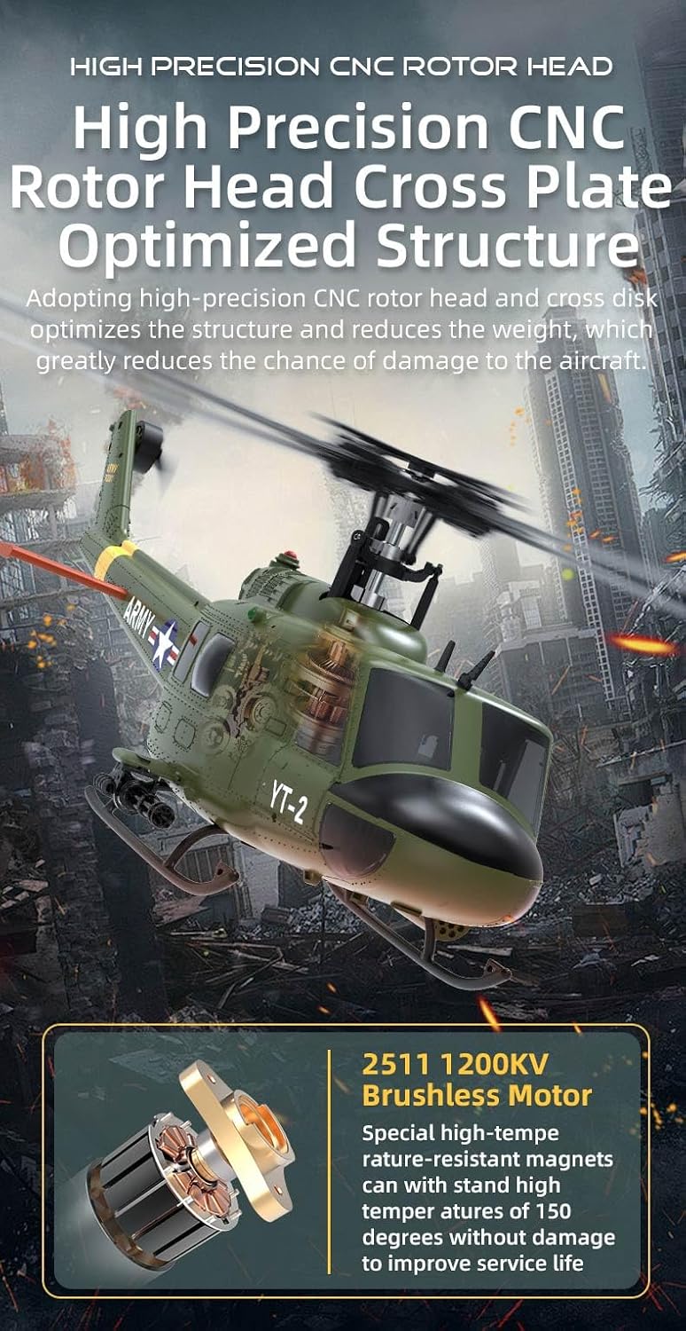 Detailed view of the helicopter's high precision CNC rotor head and brushless motor
